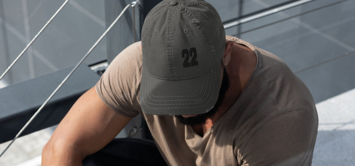 Distressed 22 Cap in Charcoal Grey
