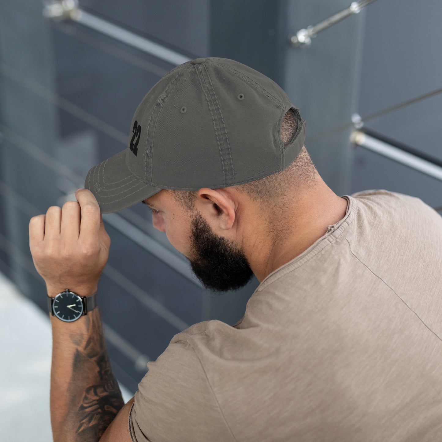 Distressed 22 Cap in Charcoal Grey